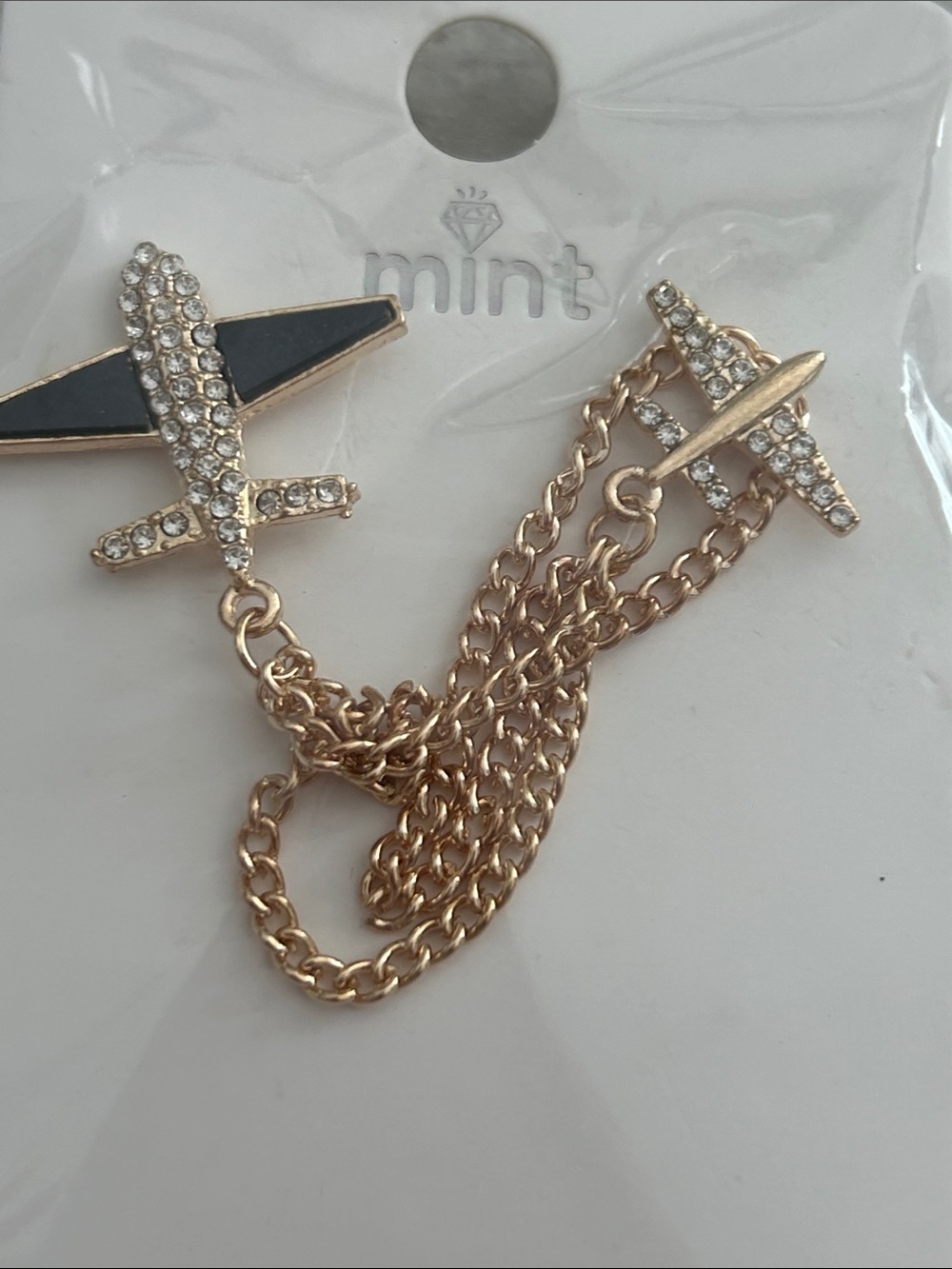5/$25 Mint Gold-Tone Airplane Chain Sweater Clips with Black Enamel